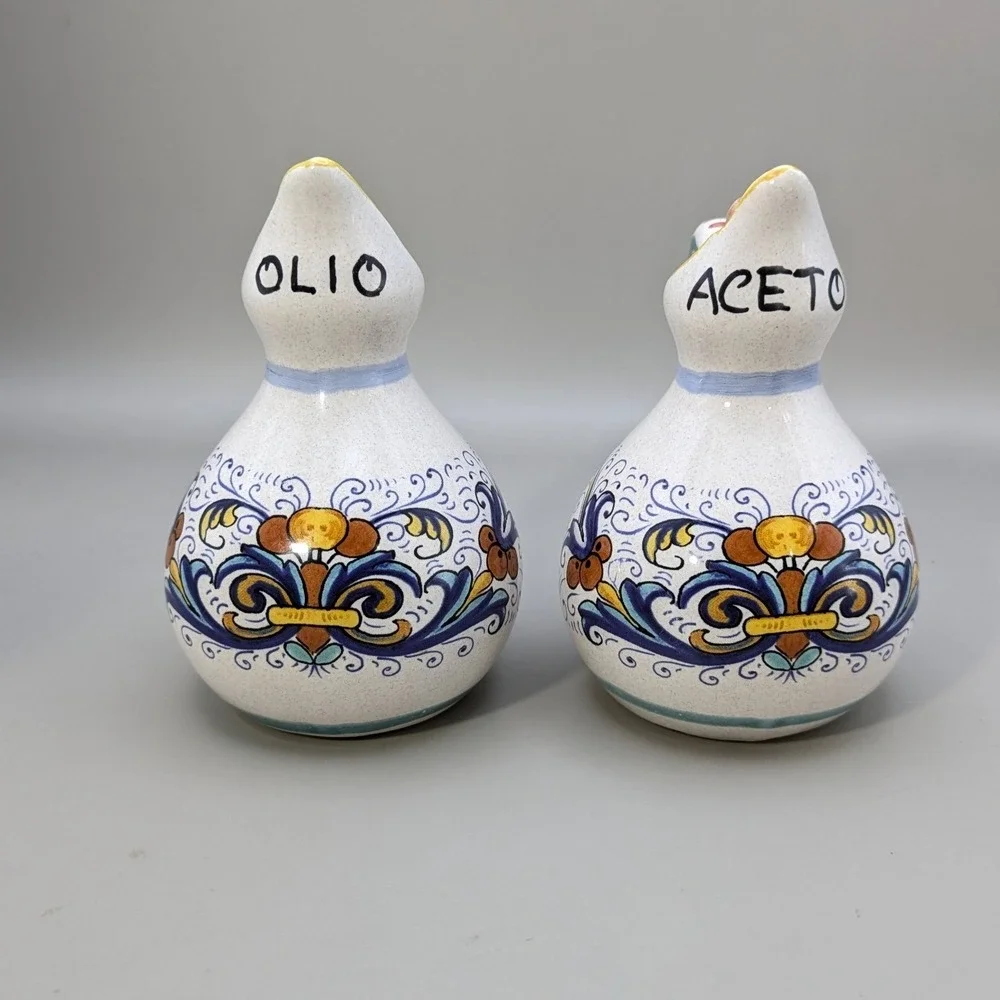 Vintage Ceramiche Deruta Italy Raffaellesco Oil Vinegar Cruet Set Hand Painted